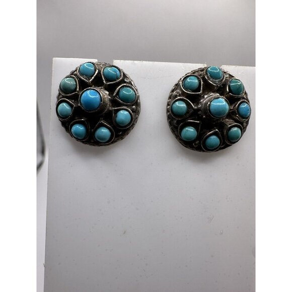 Vintage Sterling Silver & Turquoise Post-back Earrings Petit Point Southwest MEX - Picture 5 of 8